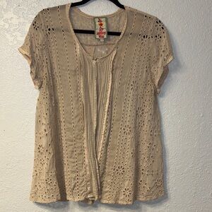 Johnny Was Beige Eyelet Pintuck Short Sleeve Blouse